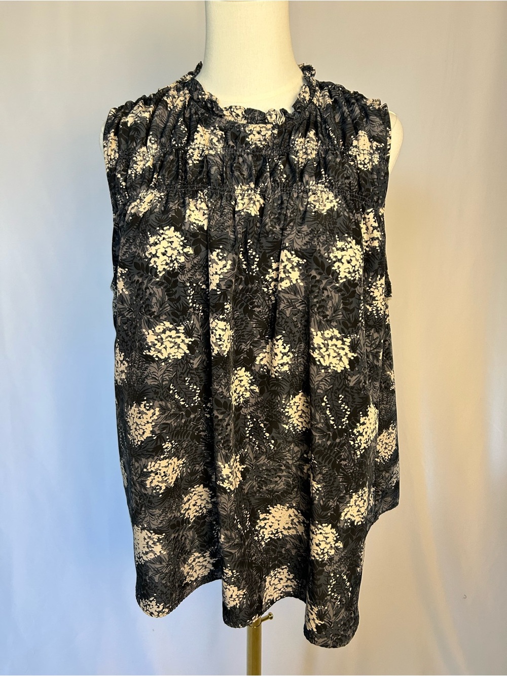 Joie Fern Baltic Print Smocked High Neck Sleeveless Blouse Gray XL